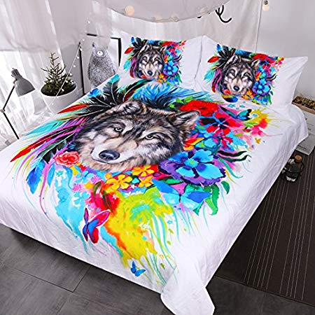 BlessLiving Floral Boho Wolf Duvet Cover Cool Wildlife Bedding Set Bright Rainbow Flower Blossoms Bed Spread (Full)