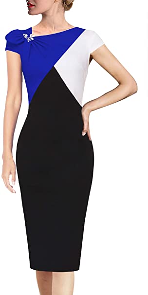 VFSHOW Womens Pleated Asymmetric Bow Neck Work Cocktail Party Sheath Dress