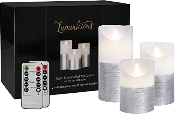 Silver LED Candles Flameless Flickering Flame | Battery Operated Electric Real Wax Candle with Realistic Flicker Moving Flame with 2 Remote Controls & Timer | Decorative Home Decor Gift for Women