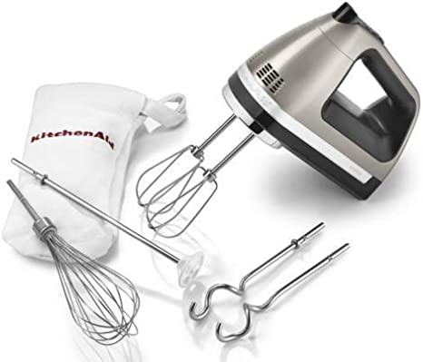 kitchenaid 9-Speed Hand Mixer Beautiful silver almost metal color KHM920ACS   Dough hooks/Whisk/Rod/Bag Silver Package great for Stainless Steel Kitchen Appliences.