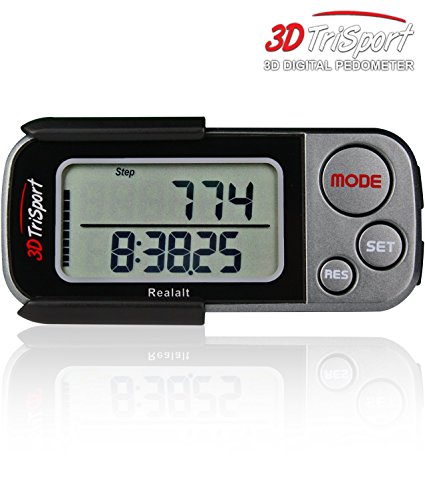 3DTriSport Walking 3D Pedometer with Clip and Strap, and Free eBook | 30 Days Memory, Extremely Accurate Step Counter, Walking Distance Miles and Km, Calorie Counter, Daily Target Performance Monitor, Exercise Time - Multi-Function Pocket Pedometer.