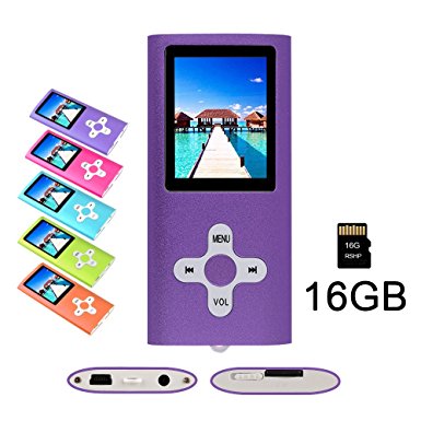 RHDTShop MP3 MP4 Player with a 16 GB Micro SD card, Support UP to 32GB TF Card, Portable Digital Music Player / Video / Media Player / FM Radio / E-Book Reader, Ultra Slim 1.7” LCD Screen, Purple