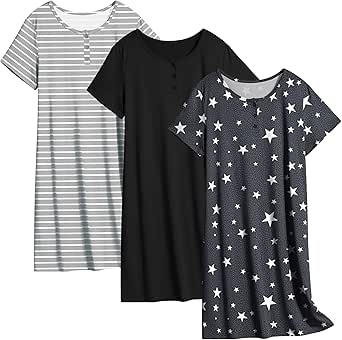 Ekouaer 3 Pack Nightgowns for Women Sleepwear Short Sleeves Sleep Shirts Button Down Nightshirt Sleep Dress