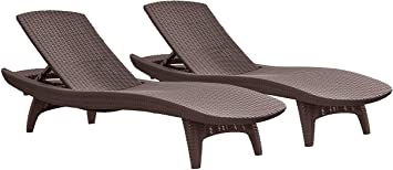 Keter Set of 2 Pacific Sun Lounge Outdoor Chaise Pool Chairs with Resin Rattan Look and Adjustable Back, Brown