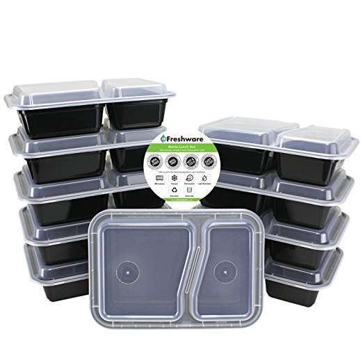 Freshware 10-Pack 2 Compartment Bento Lunch Boxes with Lids - Stackable, Reusable, Microwave, Dishwasher & Freezer Safe - Meal Prep, Portion Control, 21 Day Fix & Food Storage Containers (27oz)