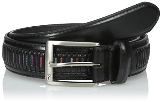 PGA TOUR Men's Scored Leather Belt with Multi Color Fabric Inset