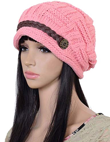ELACUCOS Women Winter Beanie Cabled Checker Pattern Knit Hat Button Strap Cap