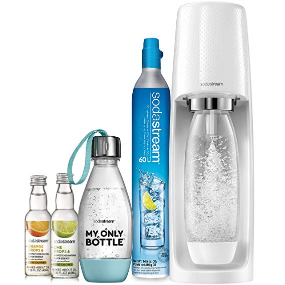 SodaStream Fizzi Sparkling Water Machine Bundle (White), with CO2, 1/2 Liter BPA-Free My Only Bottle, and 0 Calorie Fruit Drops Flavors