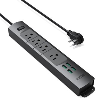 TROND Prime II 4-Outlet Mountable Power Strip with USB Charger (4A/20W), Right-Angle Flat Plug & 6.6 Feet Long Cord, for Home, Office, Hotel, Workbench, Nightstand & Dresser