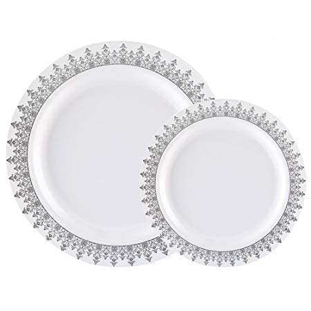 60PCS Heavyweight White with Silver Rim Wedding Party Plastic Plates,Disposable Plastic Plates,30-10.25inch Dinner Plates and 30-7.5inch Salad Plates -WDF (White/Silver Forest)