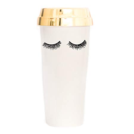 Eyelash Travel Mug Gold Lid Reusable Make-Up Lashes Decor Cute Coffee Accessories for Women Commuter Plastic Tumbler 16 Ounces Hand Drawn