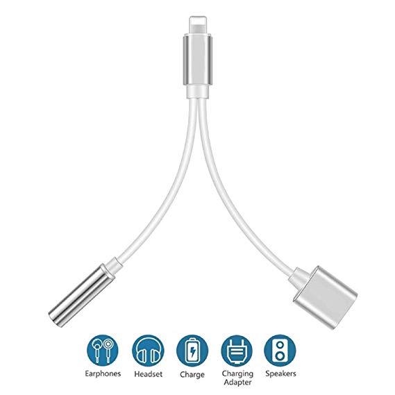 for iPhone Headphone Jack Adapter for iPhone 8/8 Plus/Xs/Xs Max/XR/ 7/7 Plus Earphone Splitter for iPhone Adaptor Dongle 2 in 1 Chargers & Aux Audio Connector Charger Cable Support All iOS System