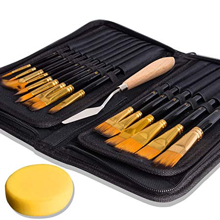 Paint Brush Set, Morfone 15Pcs Art Paint Brushes with Free Palette Knife, Watercolor Sponge and Pop-up Carrying Case for Acrylic, Watercolor, Oil Painting, Artist, Adult and Kid