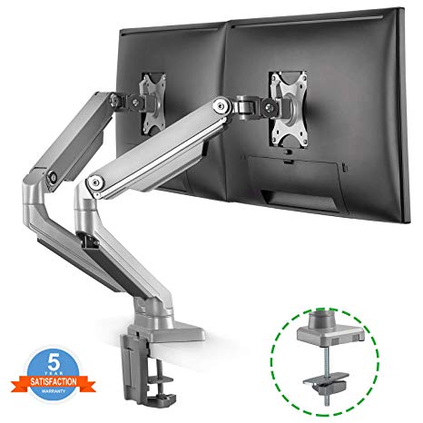 Dual Arm Monitor Stand,Height Adjustable Full Motion Mechanical Spring Monitor Desk Mount with C Clamp/Grommet Base Fits 17"-32" LCD LED Computer Screen up to 17.6 lbs per, Silver,by IMtKotW