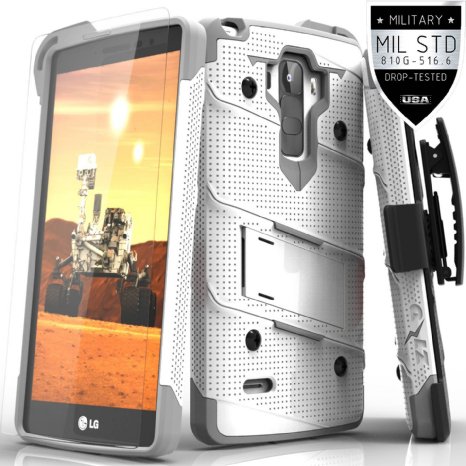 Zizo Dual-Layered Kickstand Holster Clip Bolt Cover with Stylus H631 and 033mm 9H Tempered Glass Screen Protector for LG G Stylo LS770 - WhiteGray