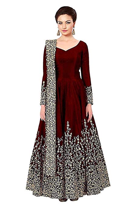 BRIDAL4Fashion Women's Taffeta Silk Semi Stitched Anarkali Long Gown (Free Size)
