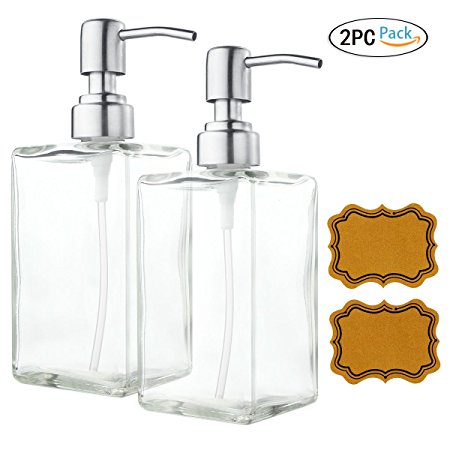 2 Pack Soap Dispenser Bottle with Stainless Steel Pump, Refillable Rectangle Clear Glass Jar, Great for Essential Oils, Lotions, Liquid Soaps for Kitchen Bathroom(500ml/16oz)