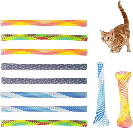 Andiker 10pcs Cat Tube Toy, 5.1inch Nylon Mesh Telescopic Folding Plastic Cat Spring Toy, Stylish Multi-Colored Cat Chew Toy, Interactive Cat Toys for Indoor Cats to Chase, Bite, and Pounce (10pcs)