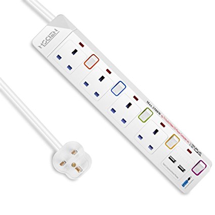 Extension Lead Power Strip With USB Mscien Individually Switched Trailing Socket With Neon Light and Overload Protection 4 Way Outlets 2 USB Ports 1.8M/5.9ft Cord 2500W/10A