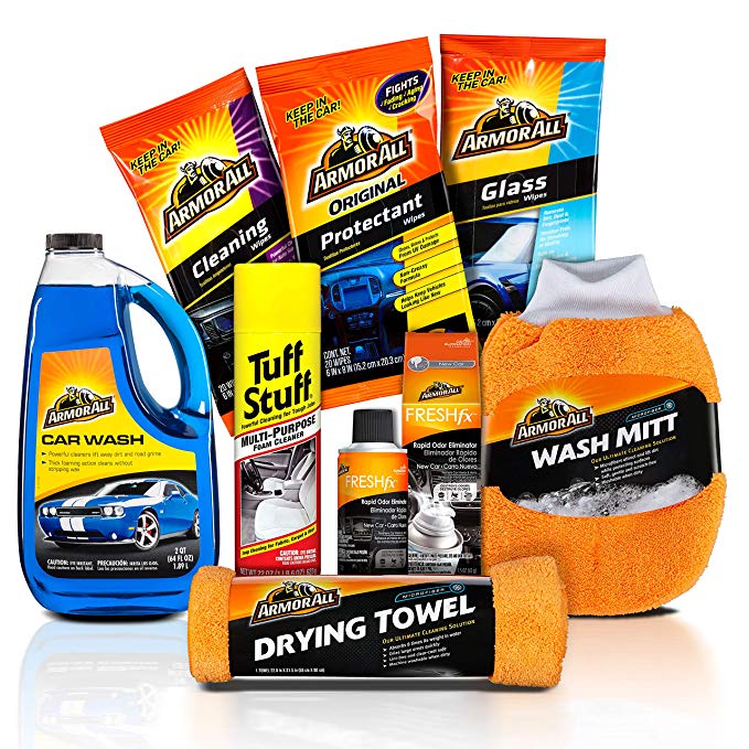 Armor All & Tuff Stuff Used Car Cleaning Kit (8 Items) 3pc Wash Bundle with Soap, Microfiber Mitt & Towel and 5pc Interior Care-Glass Wipes, Foam Carpet Spray, Protectant, Air Freshener & More