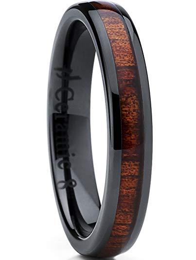 Metal Masters Co. Womens Black Ceramic Dome Wedding Band Ring with Real Koa Wood Inlay 4mm, Comfort Fit