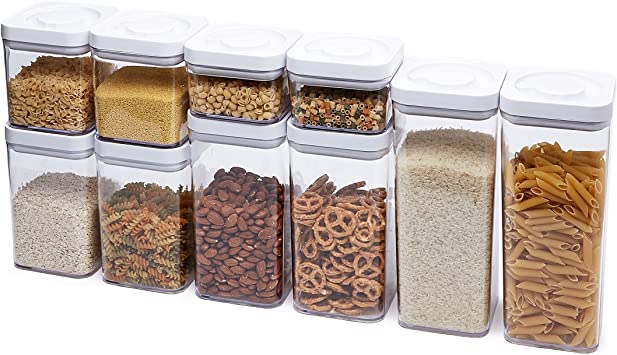 Amazon Basics 10-Piece Square Airtight Food Storage Containers for Kitchen Pantry Organization, BPA Free Plastic