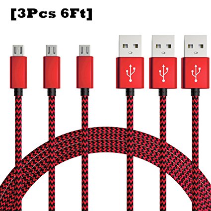 Micro USB Cable, [3-Pack] 6ft / 1.8m MartsWOW Premium Nylon Braided High Speed USB 2.0 A Male to Micro B Fast Charging Cord for Samsung S6 / S7, LG, Motorola, Android Devices and More (Red)