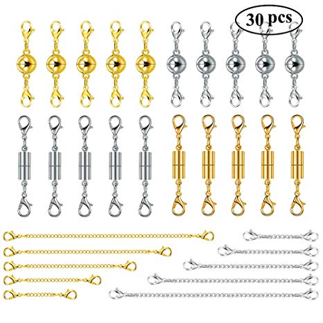 30 Pcs Necklace Extenders Magnetic Clasps Kit, Gold & Silver Stainless Necklace Extender and Strong Tone Magnetic Lobster Clasp, Adjustable Magnetic Jewelry & Bracelet Clasps/Chains Set for Women/Men