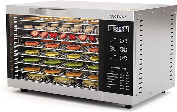 COSTWAY Food Dehydrator, with 8 Detachable Mesh Trays, 85°F-160°F Temperature Control & 24 H Timer, Overheat & Overload Protection, Food Dryer for Fruit, Meats, Vegetables, Silver