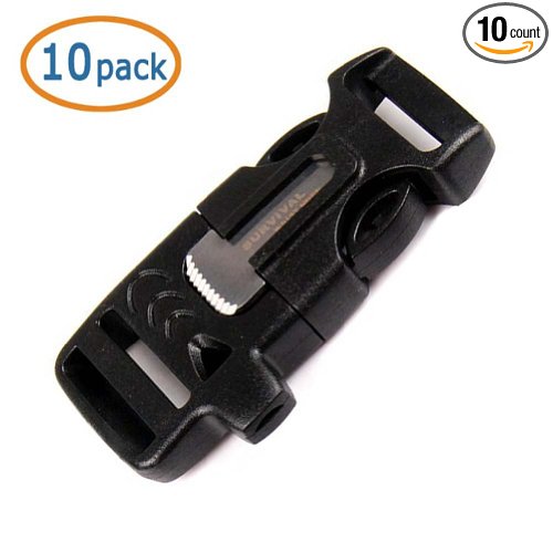 Whistle Buckle WOVTE 18 x 075 Inch Whistle Buckles with Flint Fire Starter and Striker for Paracord Bracelet Black Pack of 10