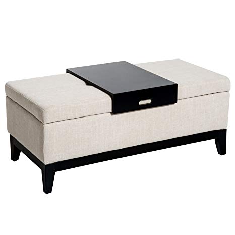 HOMCOM 42" Rectangular Linen Fabric Storage Ottoman Bench with Tray - Cream White