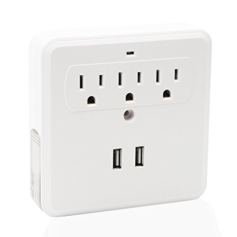 Multi Outlet Wall Mount Adapter Surge Protector with 2 USB Charging Ports, 3 Electrical Outlet Extenders and 2 Slide Out Phone Holders
