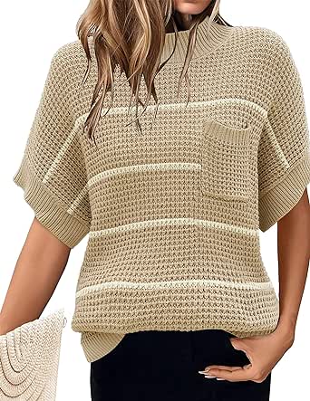 Zeagoo Women 2024 Sweater Vest Mock Neck Batwing Short Sleeve Oversized Ribbed Knit Tops Fall Pullover Sweater S-XXL