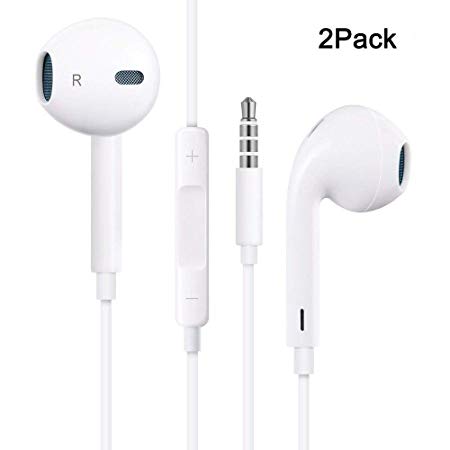 Wired Headphones Mic Remote Control Premium Earbuds Headset [2 Pack ] Fits iPhone iPod iPad Mac Android Samsung Galaxy Kindle MP3 MP4