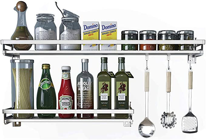 Eastore Life Wall Mounted Spice Rack with 4 Hooks - 304 Stainless Steel Seasoning Storage Shelf for Kitchen, Easy to Assemble, 23.6-Inch