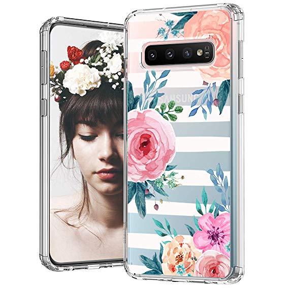 MOSNOVO Galaxy S10 Case, Stripe Floral Flower Pattern Clear Design Printed Transparent Plastic Back Hard Case with TPU Bumper Protective Case Cover for Samsung Galaxy S10