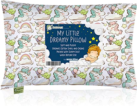 Toddler Pillow with Pillowcase - 13X18 Soft Organic Cotton Baby Pillows for Sleeping - Washable and Hypoallergenic - Toddlers, Kids, Infant - Perfect for Travel, Toddler Cot, Bed Set (Unicorn Dreams)