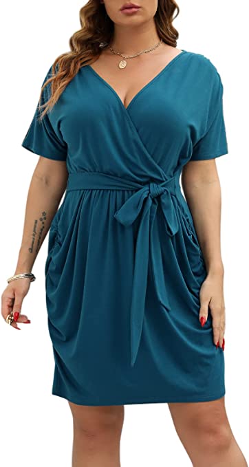 Nemidor Womens Plus Size Wrap Dress Cotton Fitted Ruched Cocktail Party Short Dress NEM294