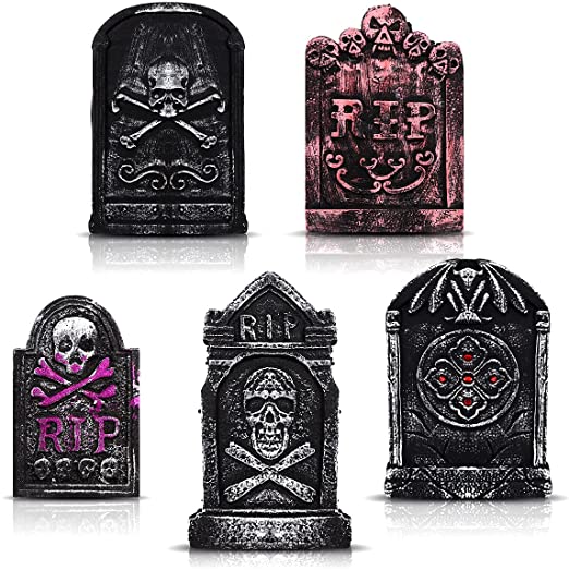 Halloween Foam RIP Graveyard Tombstones (5 Pack), Halloween Headstone Decorations with 12 Metal Stakes for Halloween Yard Decorations