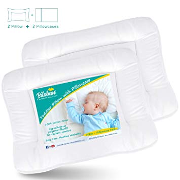 Baby Toddler First Pillow 2 Pack with Pillowcase (13 x 18), Hypoallergenic Baby Toddler 's Flat Pillows, Oeko-TEX Standard 100 Certificated Soft and Safe Travel Pillow Fits Mini Crib or Crib