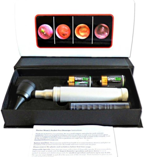 Dr Mom LED PRO Otoscope - PROFESSIONAL full size with our largest diameter optical glass lens Includes Batteries and Disposable Specula