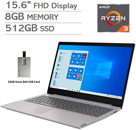 2020 Lenovo IdeaPad 15.6" FHD Laptop Computer, AMD Ryzen 3-3200U Processor, 8GB RAM, 512GB PCIe SSD, Dolby Audio, AMD Radeon Vega 3 Graphics, Webcam, HDMI, Win 10 S, Gray, 32GB Snow Bell USB Card