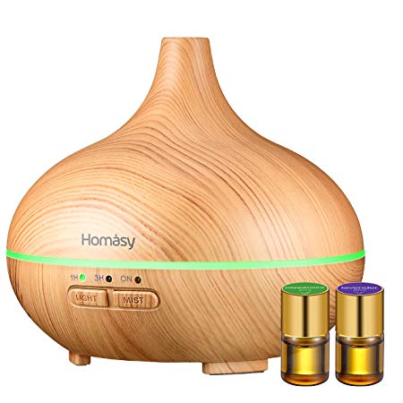 Homasy 150ml Mini Aroma Diffuser and Bloom Essential Oil Gift Set, 100% Pure Therapeutic Grade, Lavender, Peppermint (2ml/bottle), Ultrasonic Wood Grain Cool Mist Humidifier for Office Home Room Study Yoga Spa