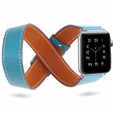 All-inside 38mm Teal Leather Double Tour Replacement Strap for Apple Watch Series 1, Series 2, Series 3, Sport, Edition, M/L size