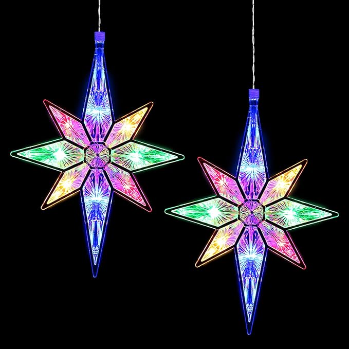 10.8 Inch Christmas Window Star Lights Plastic Lighted Star Tree Topper Decoration Large Hanging Stars Christmas Window Lights LED Star Window Silhouette Decoration (Rainbow Color,2 Pieces)