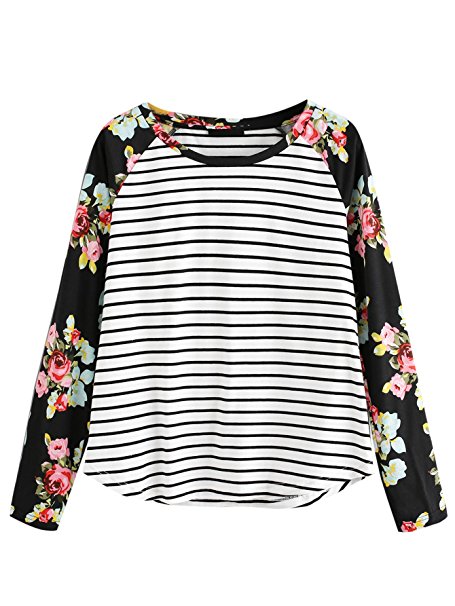 Romwe Women's Casual Floral Print Long Sleeve Striped Crew Neck Top Tshirt