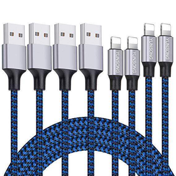iPhone Charger, YUNSONG 4 Pack (3FT, 3FT, 6FT, 6FT) Nylon Braided Charging Cable Cord Lightning to USB Cable Charger Compatible with iPhone XS MAX XR X 8 7 6s 6 Plus SE 5S 5C 5