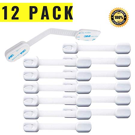 Baby Safety Locks | Child Proof Cabinets, Drawers, Appliances, Toilet Seat, Fridge and Oven | Tools Not Required | Uses 3M Adhesive with Adjustable Strap and Latch System (12-Pack, White)