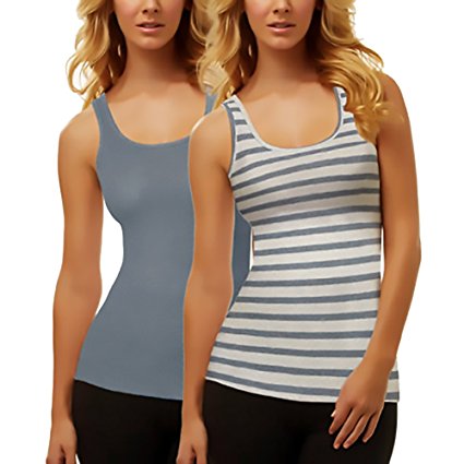 Felina Women's Fine Ribbed Knit Tank Tops (2-pack), Blue/Grey, Small