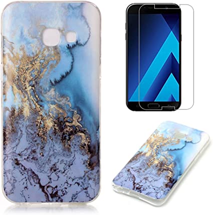for Samsung Galaxy A5 2017 A520 Marble Case with Screen Protector,OYIME Creative Glossy Blue & Gold Marble Pattern Design Protective Bumper Soft Silicone Slim Thin Rubber Luxury Shockproof Cover